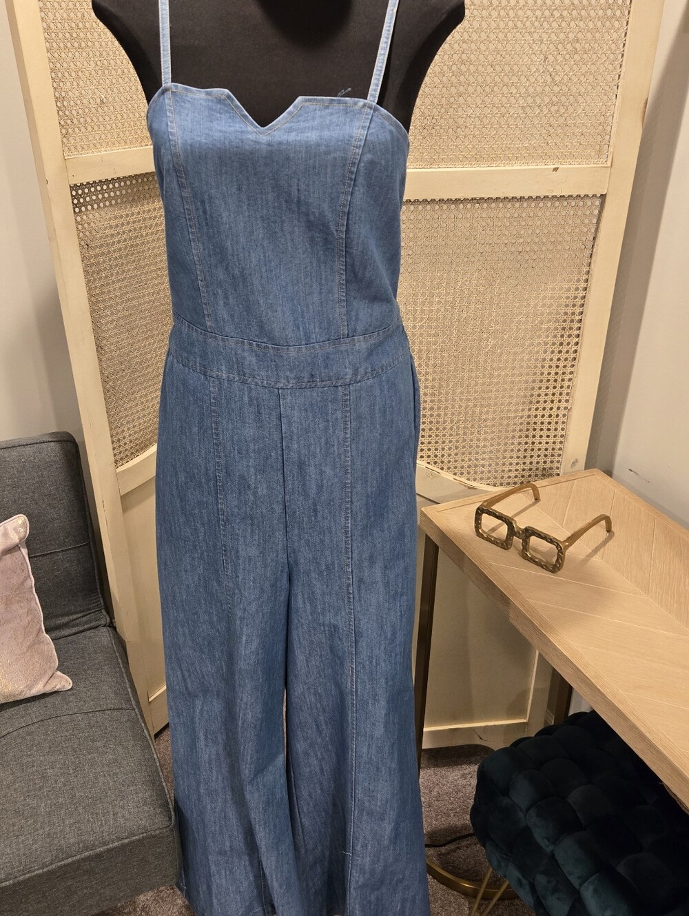 Jessica Simmons Blue Denim Wide-Leg Jumpsuit Jeans - Sleeveless Spaghetti Strap